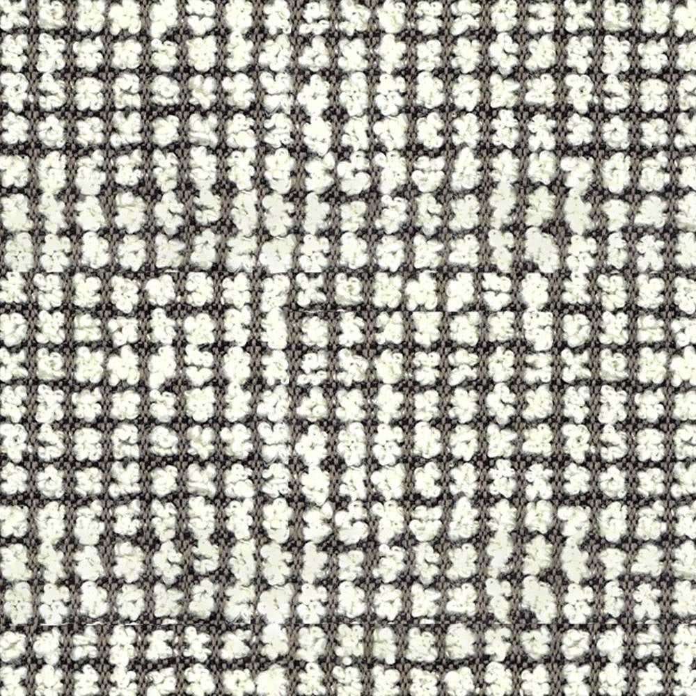 Close-up of cream boucle woven upholstery fabric with a charcoal grid forming a small-scale check pattern; looped wool-acrylic-polyester yarn creates a textured neutral fabric for sofas.