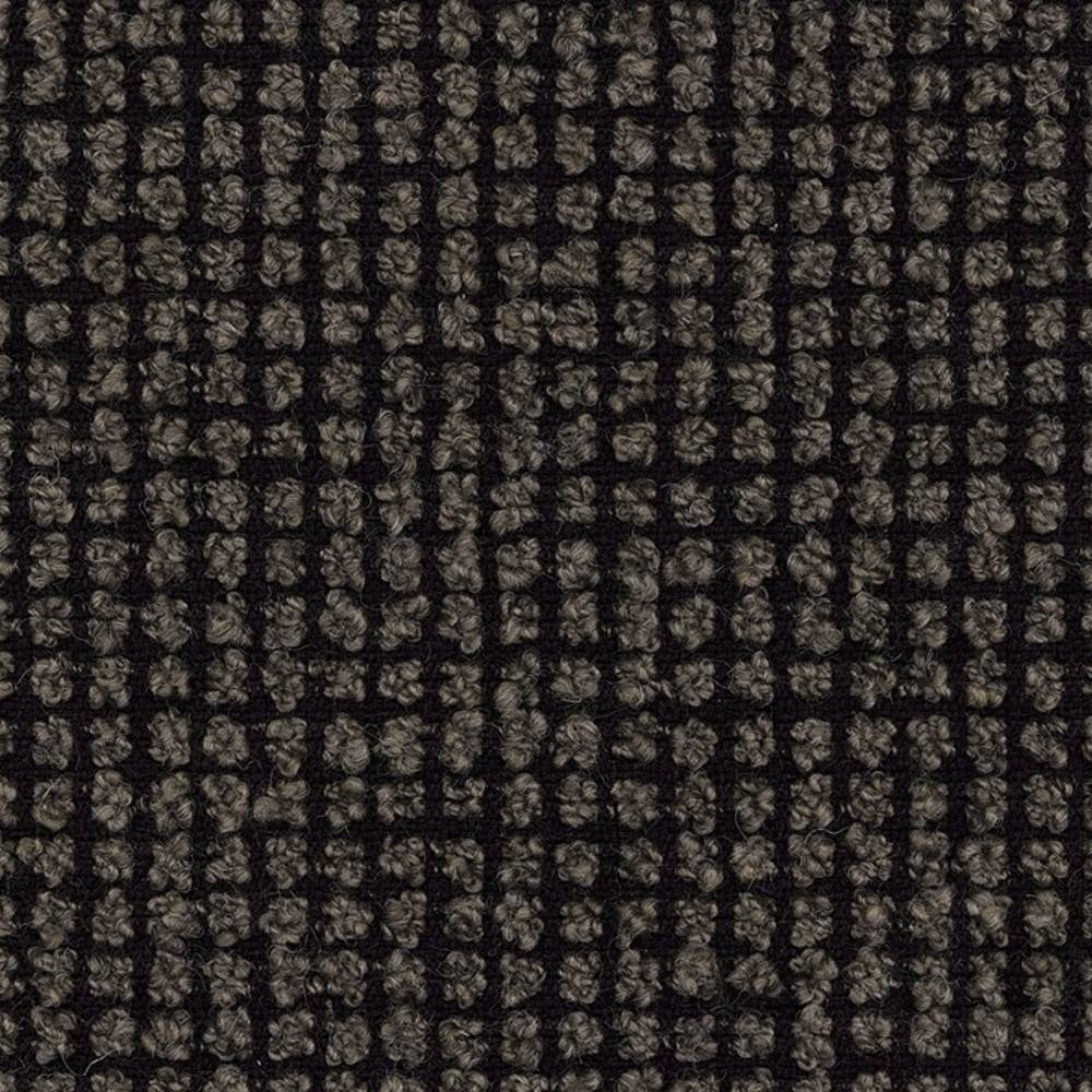 Close-up of beige boucle woven upholstery fabric with dark charcoal grid pattern and looped texture, 25% wool / 40% acrylic / 35% polyester blend suitable for sofas.