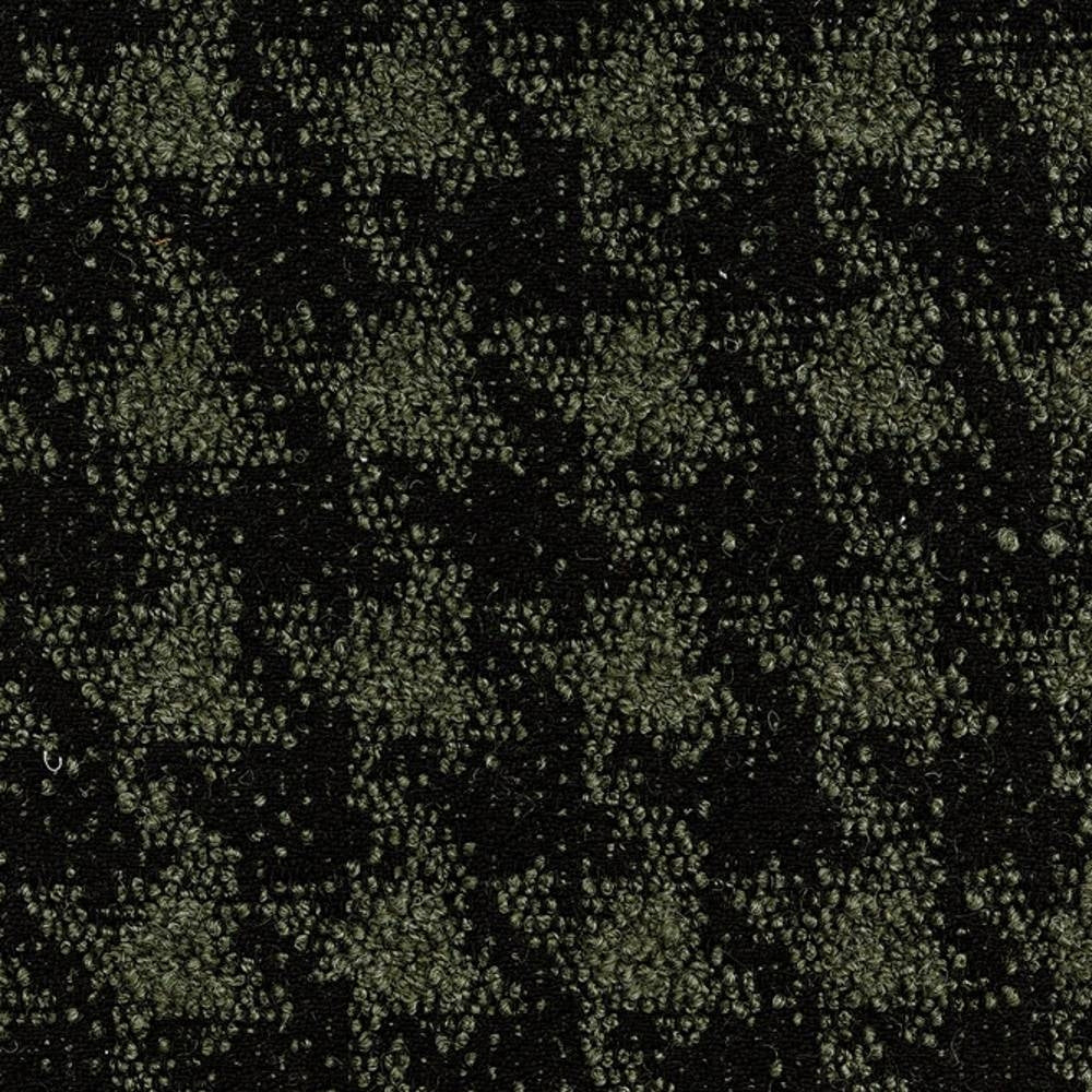 Close-up of black boucle upholstery fabric with olive-green looped texture and subtle speckled pattern, a 25% wool/44% acrylic/21% cotton/10% polyester blend suitable for sofa upholstery.