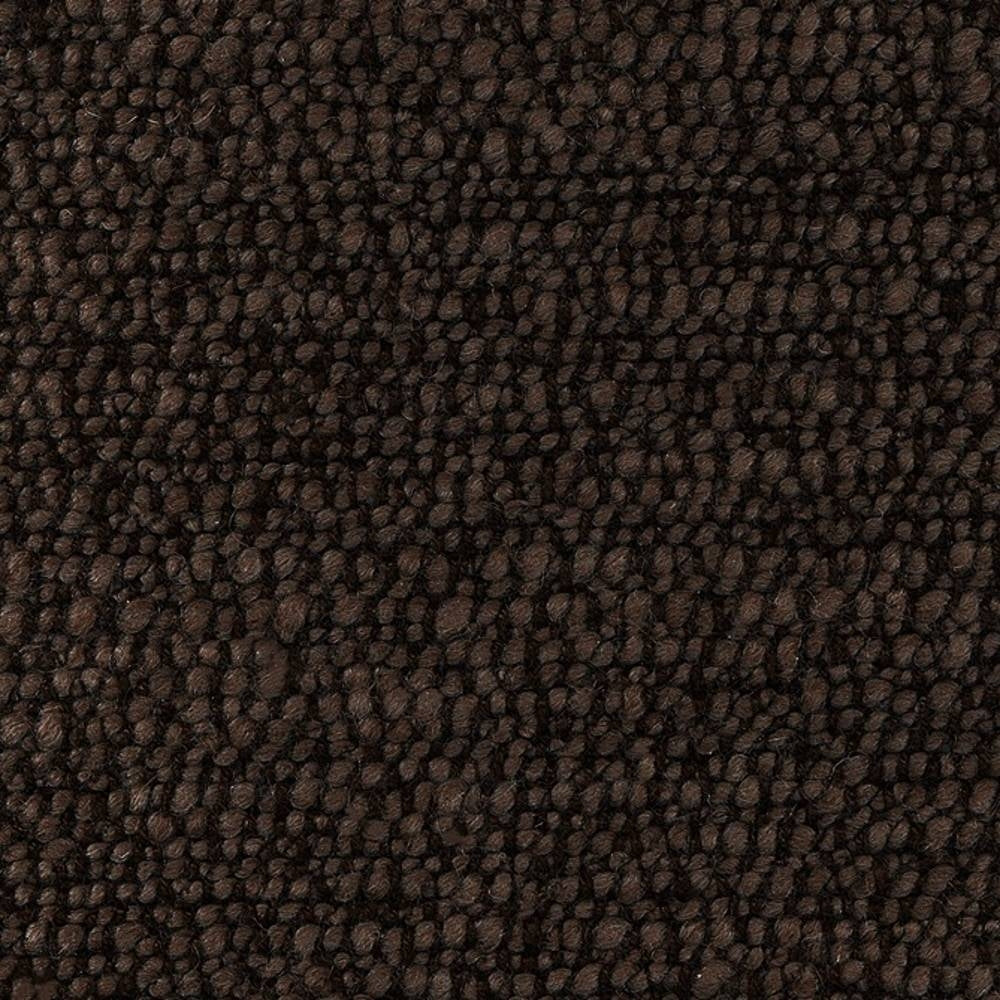 Close-up of dark brown wool-blend upholstery fabric (20% wool, 25% acrylic, 12% linen, 20% rayon, 23% polyester) showing a dense looped pebble texture suitable for contemporary sofas.