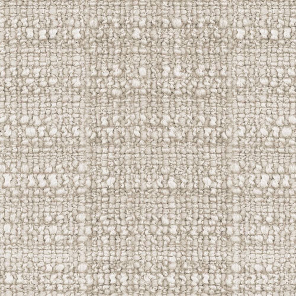 Close-up of a cream nubby boucle upholstery fabric sample showing a looped, textured weave; 32% wool, 48% acrylic, 20% triacetate blend designed for sofa upholstery.