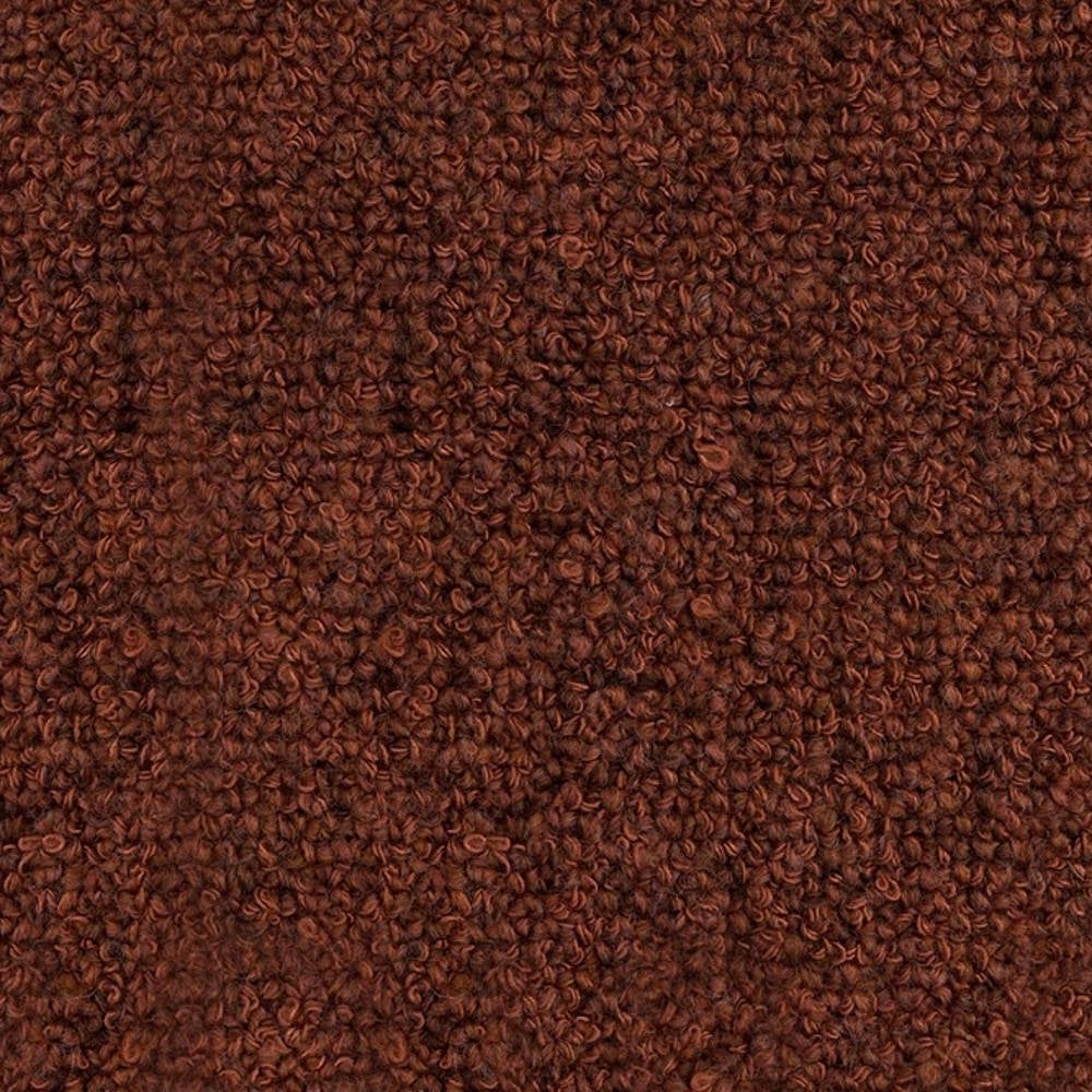 Close-up of rich brown boucle upholstery fabric showing dense, tight curly loops and textured surface; 15% wool, 54% rayon, 18% acrylic, 13% triacetate blend for sofa use.