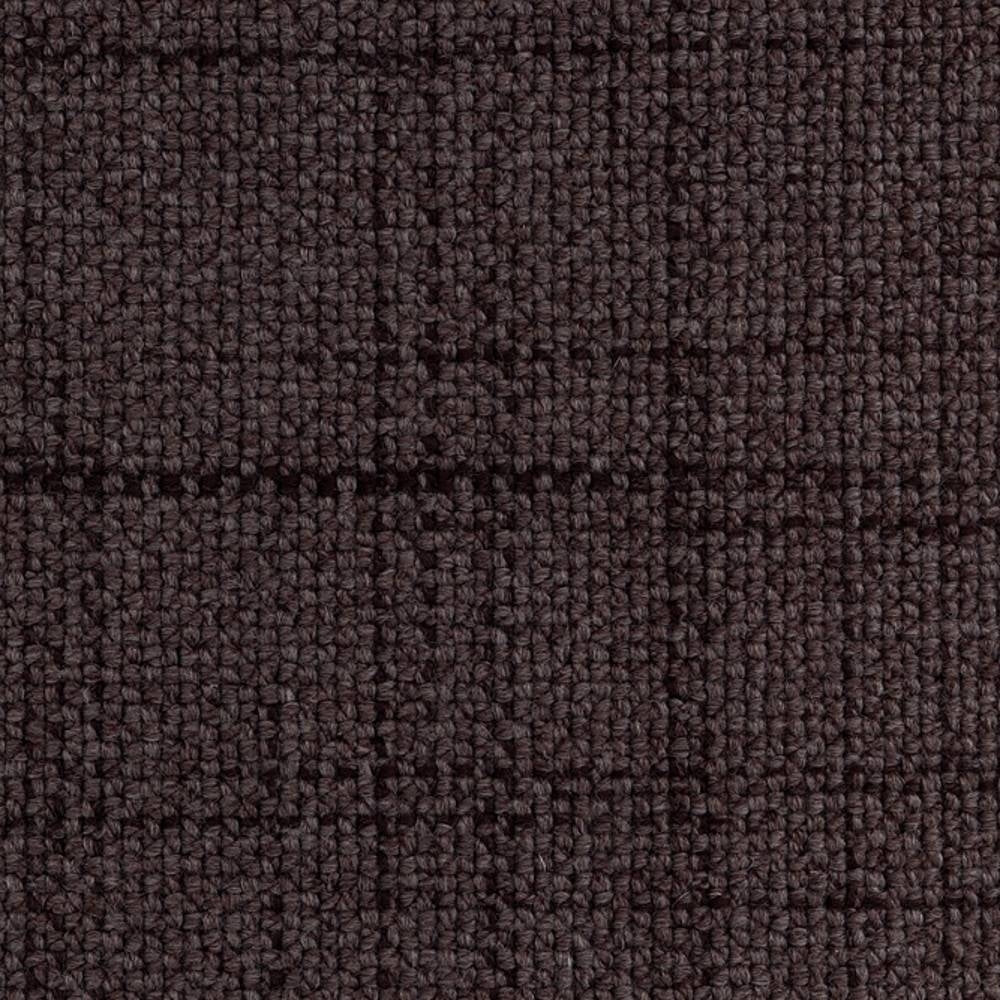 Close-up of dark brown windowpane upholstery fabric sample showing a subtle grid pattern and looped woven texture; composition 30% wool, 54% acrylic, 14% triacetate, ideal for sofas and office seating.