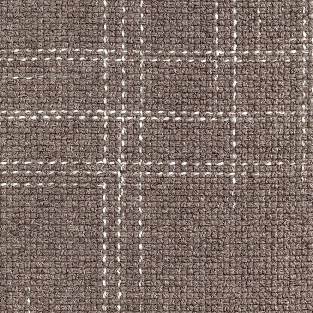 Close-up of taupe woven upholstery fabric showing a white stitched windowpane grid and textured loop weave; 30% wool, 54% acrylic, 14% triacetate, suitable for contemporary sofas and office upholstery.