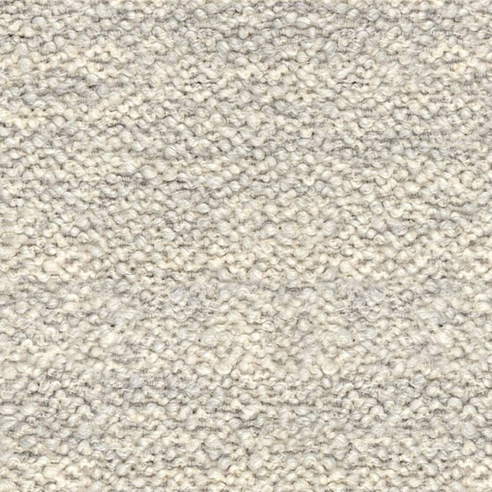 Close-up of neutral cream boucle upholstery fabric showing tight looped, nubby texture; wool-blend composition (12% wool, 25% acrylic, 63% triacetate) suitable for contemporary sofa upholstery.