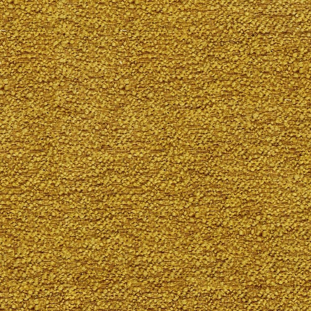 Close-up of mustard-gold plush boucle upholstery fabric in a wool-acrylic-triacetate blend, showing dense looped texture ideal for sofas and modern neutral interiors.