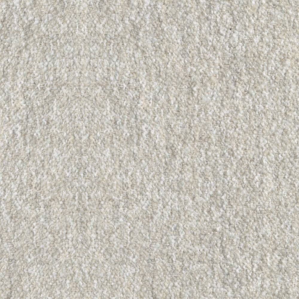 Close-up of cream boucle felted wool-look upholstery fabric showing nubby, looped texture; durable wool-blend (20% wool, 25% acrylic, 40% triacetate) ideal for sofa upholstery.
