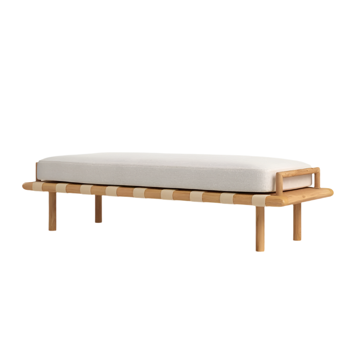 75-inch boucle-upholstered end-of-bed bench with a cream fabric cushion set on a light wood frame, woven beige and natural straps beneath the seat and rounded wooden legs in a coastal contemporary style.