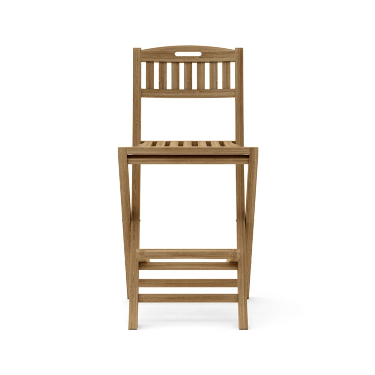 Front view of an armless folding teak outdoor bar stool with slatted seat and back, natural teak finish, integrated slatted footrest and coastal solid-wood construction.