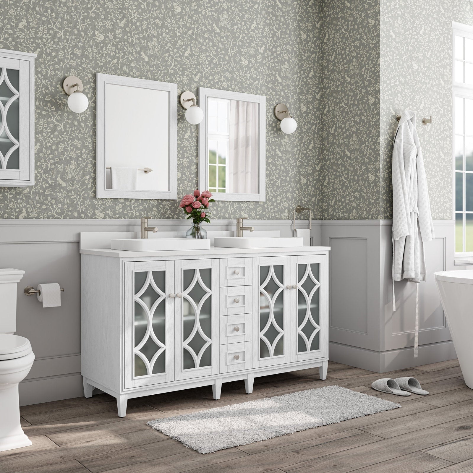 60-inch freestanding whitewashed solid wood bathroom vanity with stone countertop, two rectangular vessel sinks, brushed nickel faucets, central stacked drawers and decorative frosted-glass cabinet doors in a modern bath