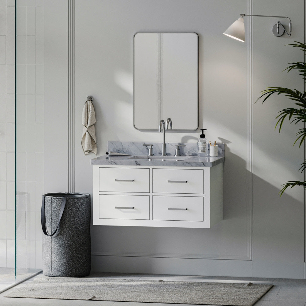 37-inch modern solid-wood floating bathroom vanity with gray stone countertop, single ceramic sink, four soft-close drawers and brushed nickel hardware.