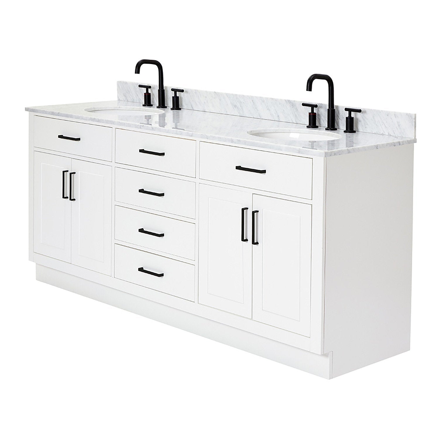 73-inch freestanding white solid wood bathroom vanity with Giotto quartz countertop, two integrated white sinks, matte black faucets and matching black handles, modern style with center drawers and side cabinets for storage.