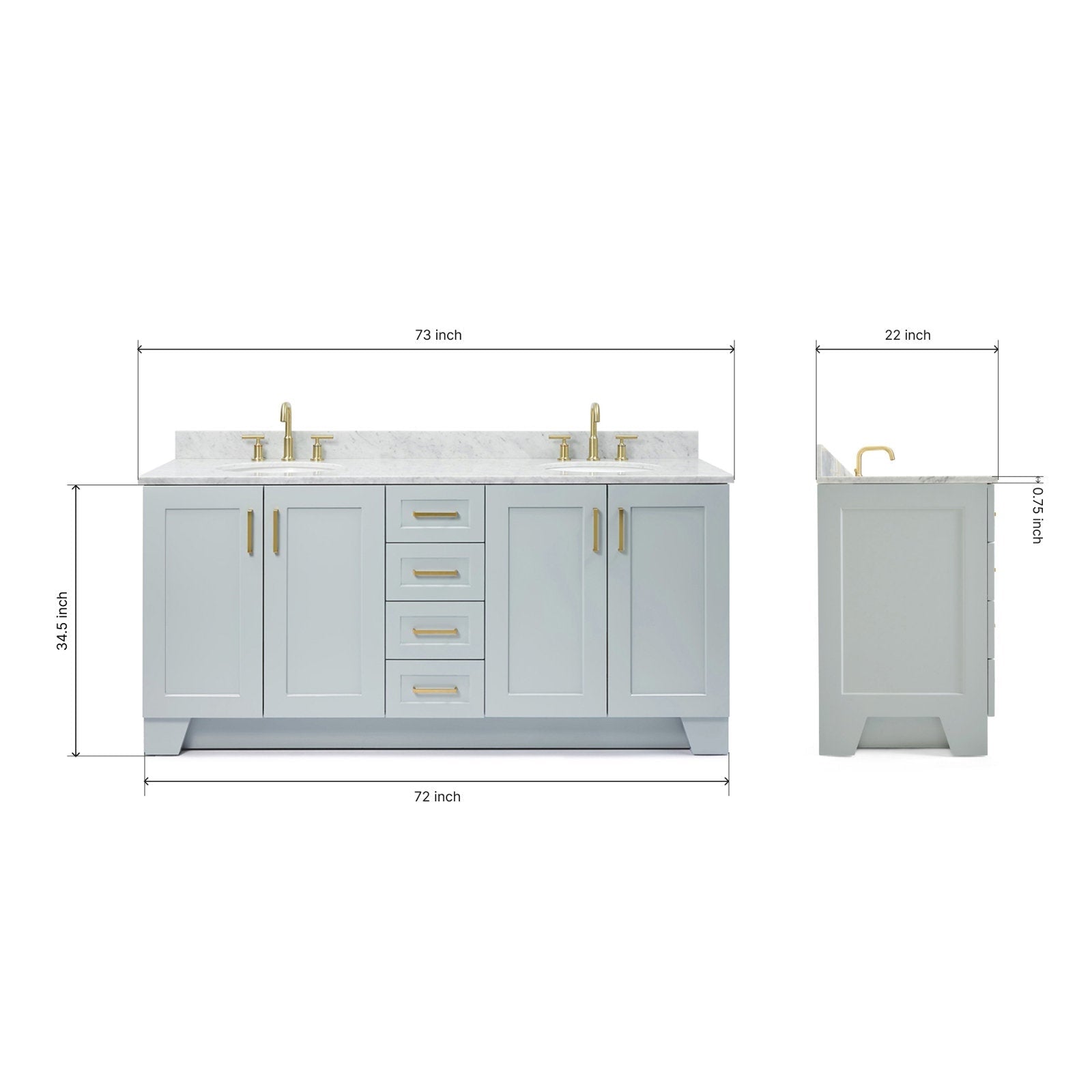 Front and side views of a 73-inch gray solid wood bathroom vanity with stone countertop, two satin-bronze faucets and matching hardware, four center drawers and four doors; measurement lines indicate 73-inch width and 22-inch depth.