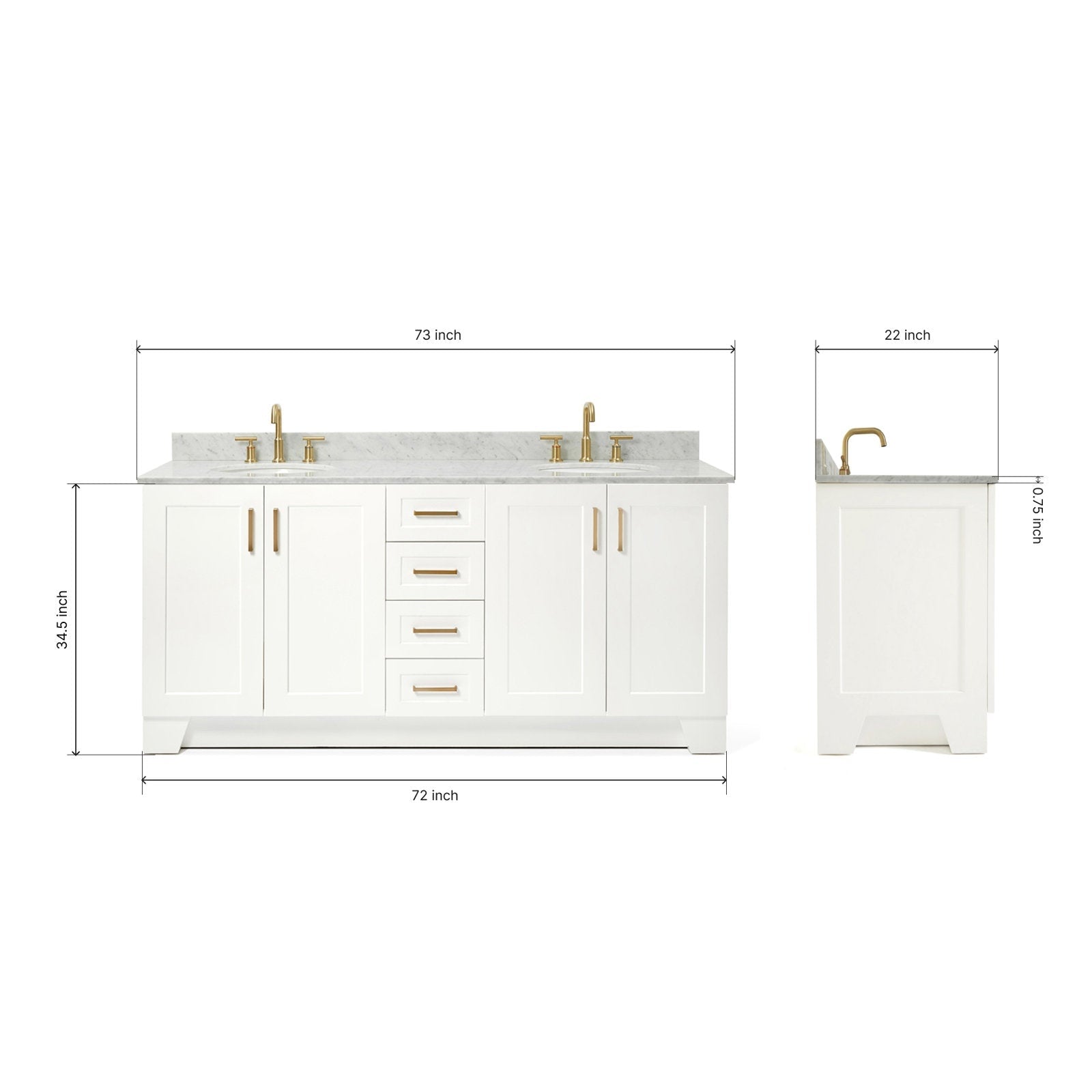 Front and side views of a 73-inch freestanding white solid wood bathroom vanity with a stone countertop, satin bronze faucets and matching bronze hardware, center stacked drawers, side cabinets and dimension lines.