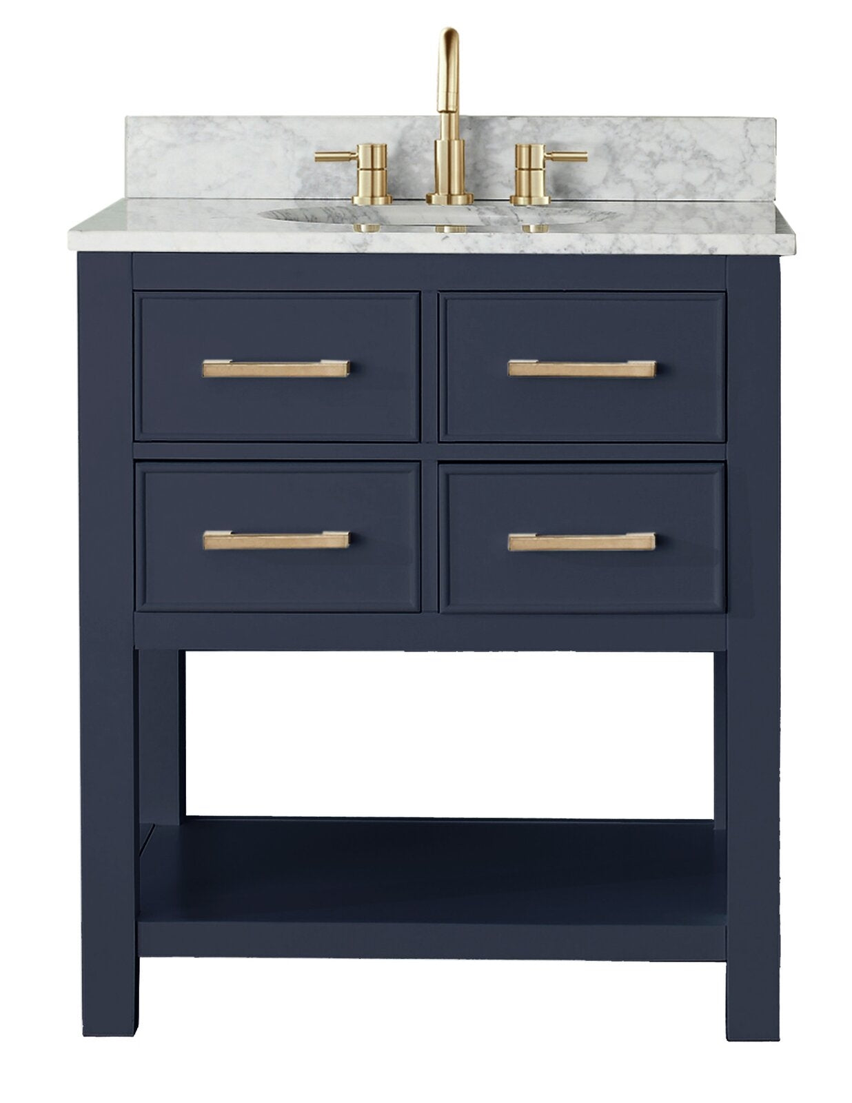 Freestanding modern solid wood bathroom vanity with a stone marble top and integrated ceramic sink, navy-blue painted cabinet with four drawers, open bottom shelf, and gold-tone faucet and matching bar handles.