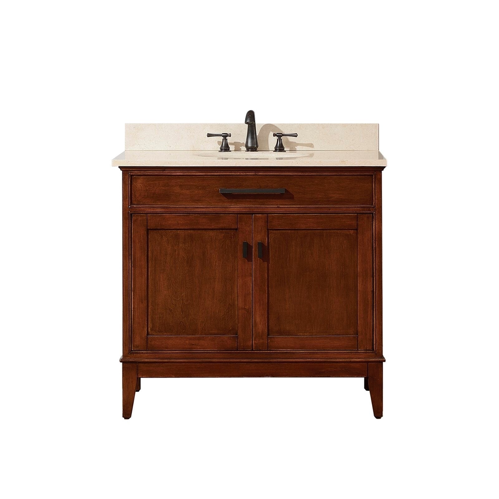 Front view of a freestanding 37-inch solid wood bathroom vanity in rich brown with a light stone marble top, single ceramic sink, oil-rubbed bronze faucet and hardware, one drawer and two-door storage.