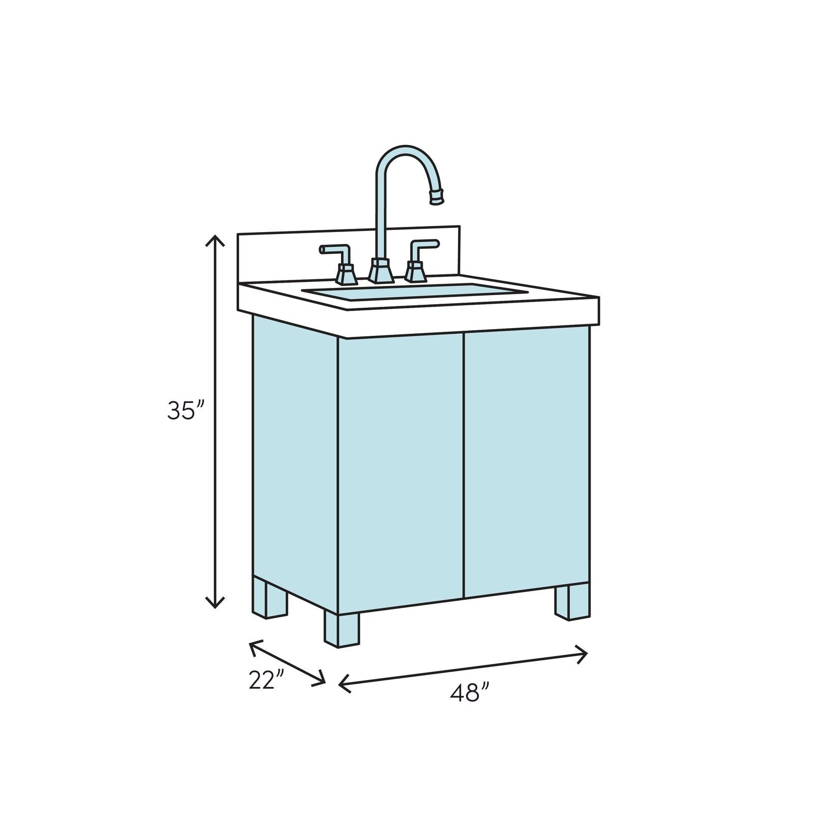 Line-drawing diagram of a modern single-sink bathroom vanity with stone top and solid wood base, showing faucet, backsplash and labeled dimensions 48" W x 22" D x 35" H.