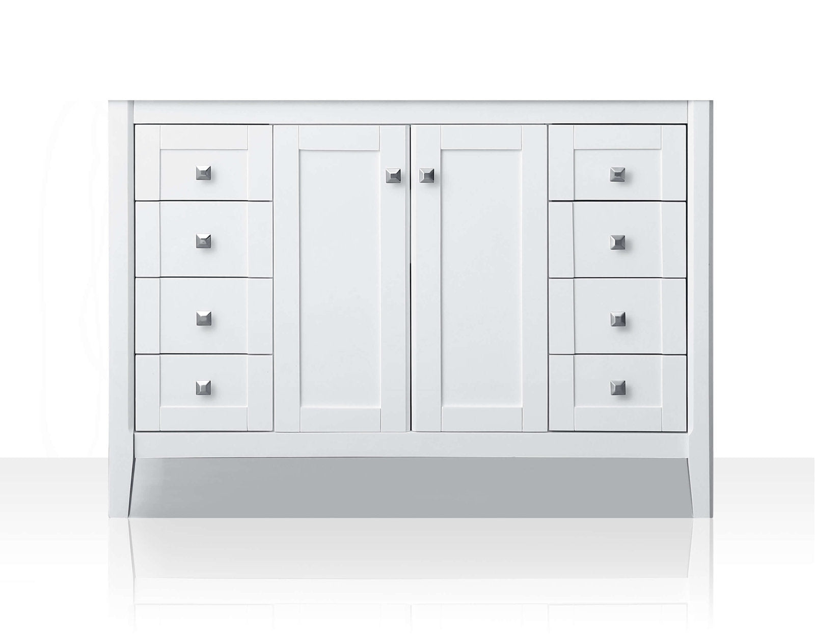 48-inch freestanding modern solid wood bathroom vanity in stone finish with stone top, central double doors and three stacked drawers on each side, each fitted with square metal knobs.