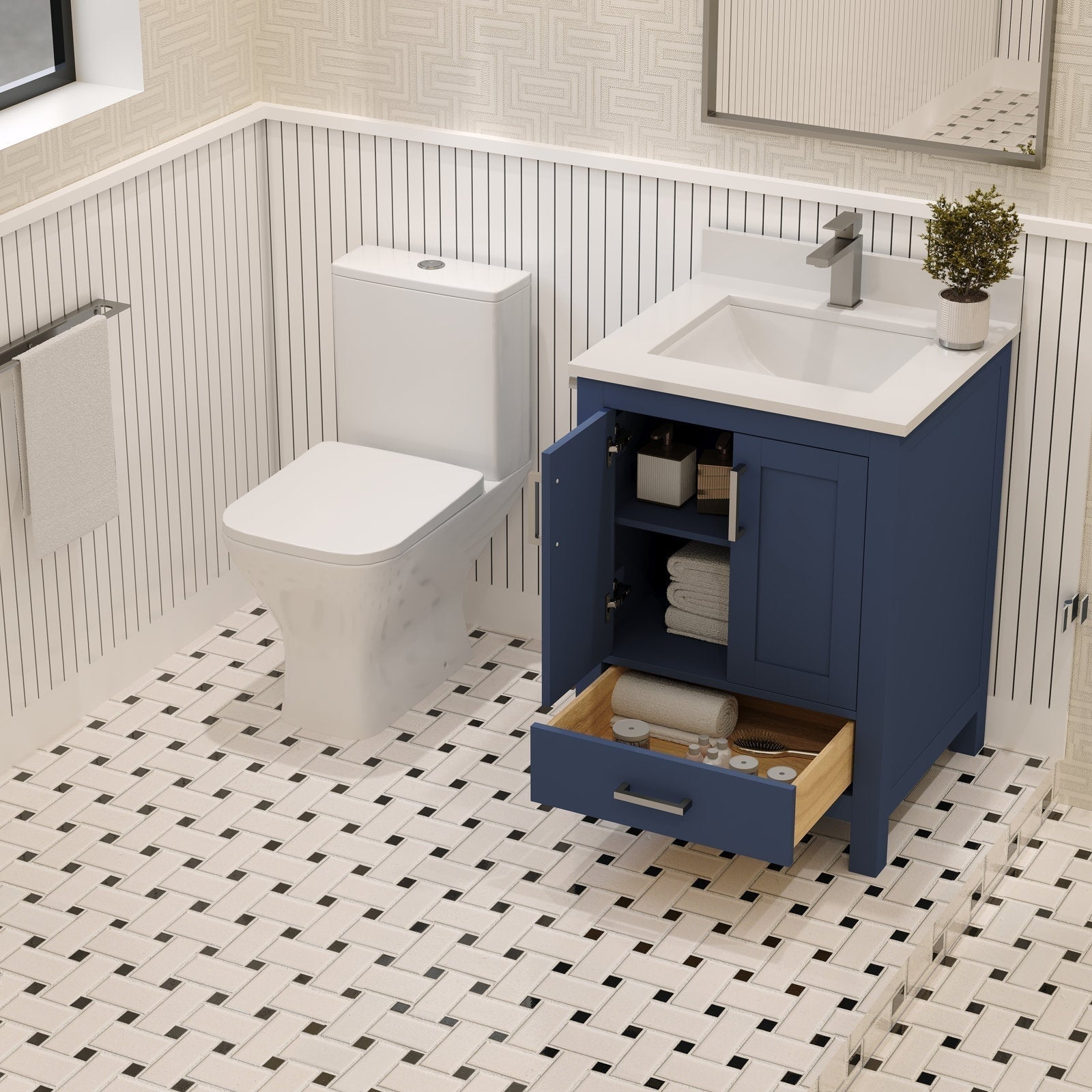 24-inch modern solid wood bathroom vanity in blue with a stone countertop and white ceramic sink; cabinet door and lower drawer open to reveal folded towels and toiletries inside.
