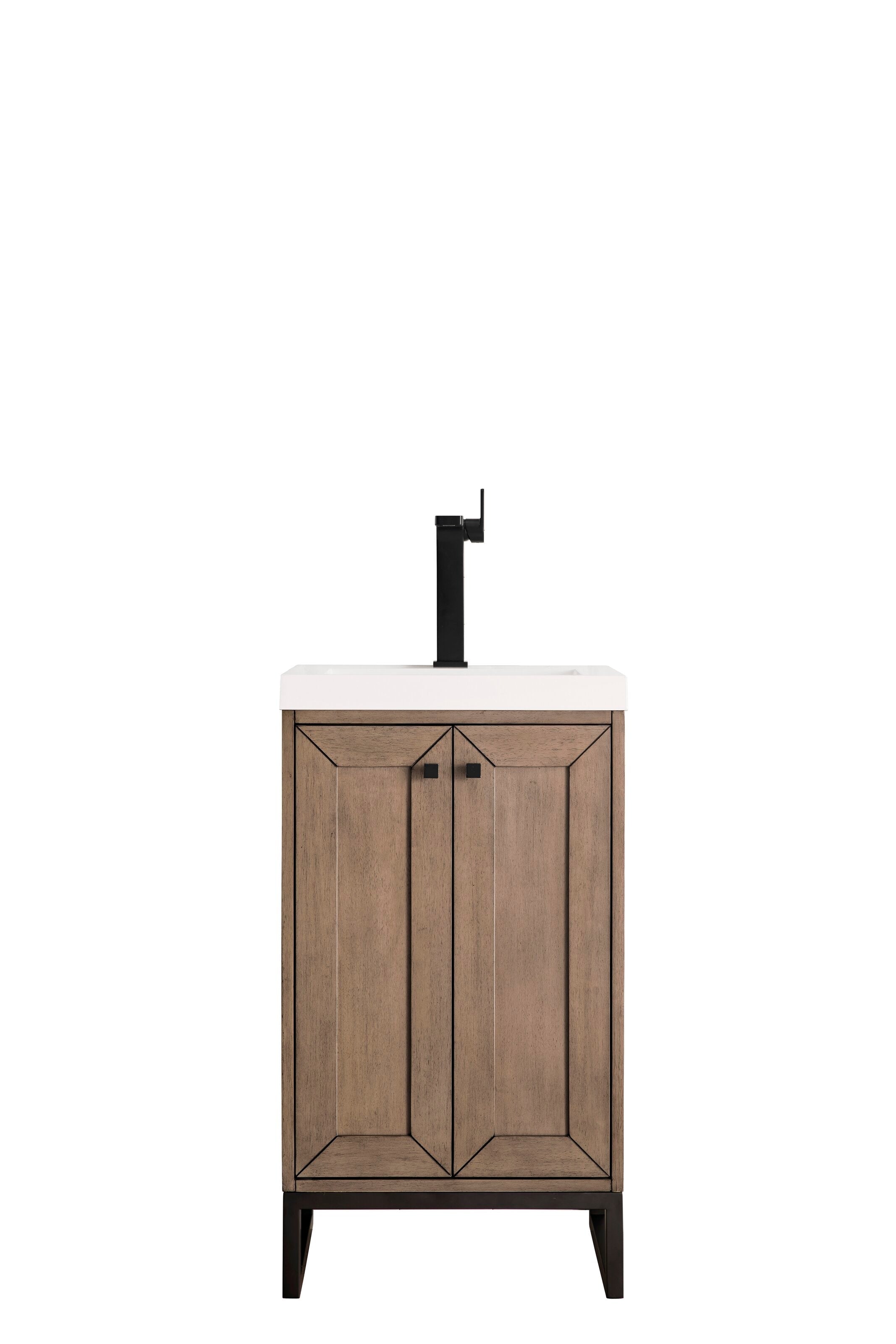20-inch freestanding solid wood bathroom vanity in stone finish with a white stone top and integrated ceramic sink, black single-handle tall faucet, two-panel cabinet doors with square black knobs and open metal legs.