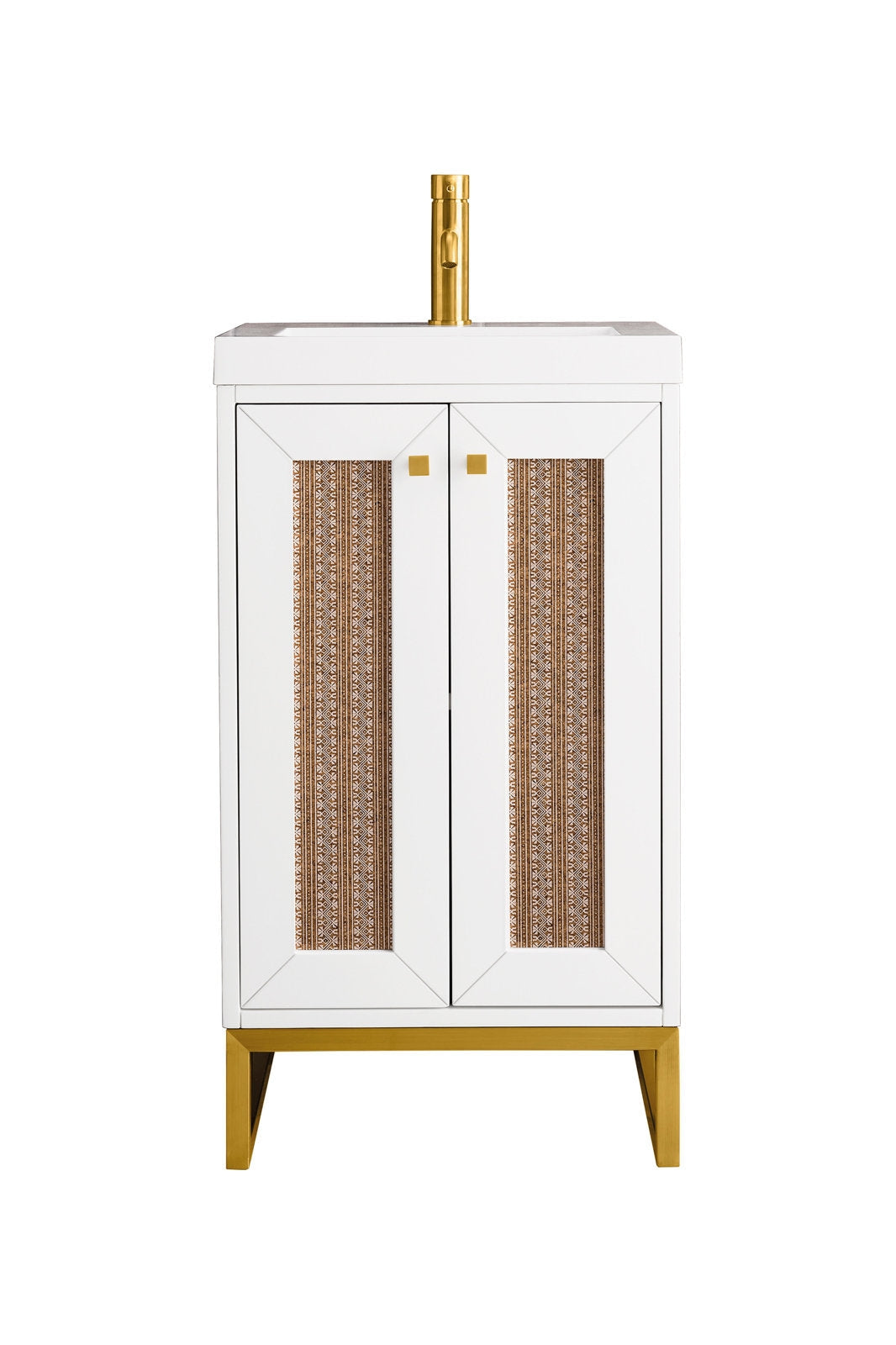 20-inch freestanding single-sink bathroom vanity in white solid wood with a stone top, patterned brown inset panels, square gold knobs, gold metal base and a gold faucet.