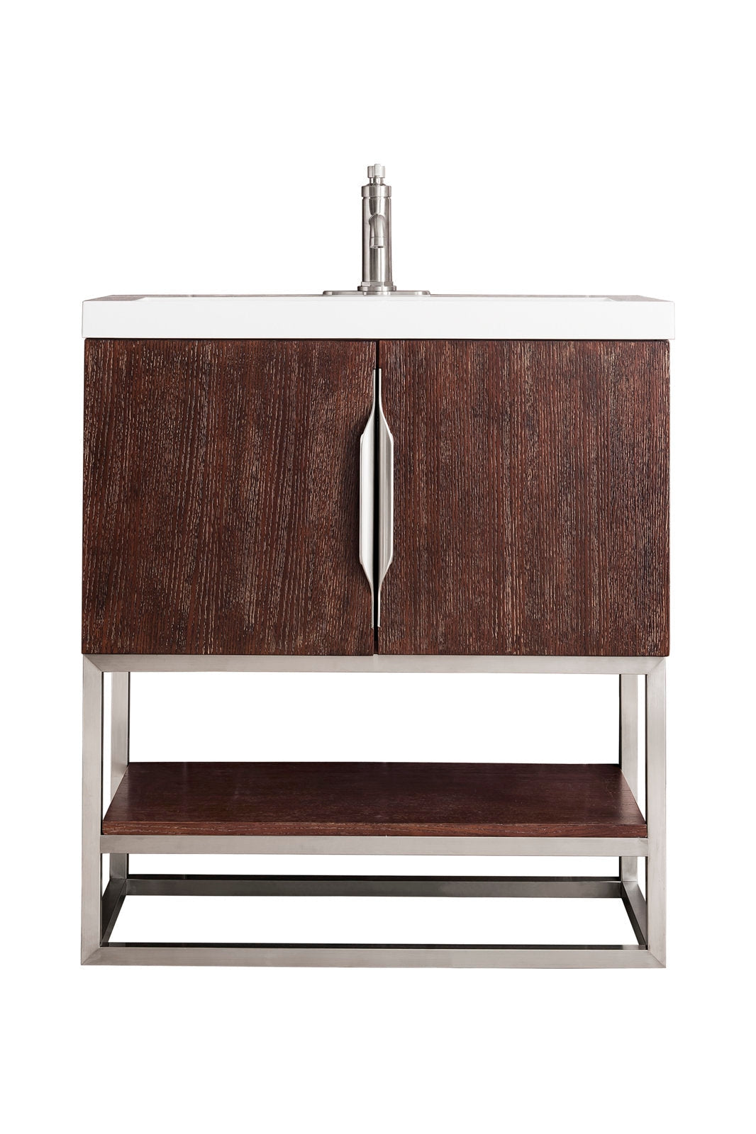 Modern single-sink bathroom vanity with a white stone top, dark solid wood cabinet doors, vertical chrome center handle, exposed stainless metal frame and open lower shelf, shown front-on with faucet.