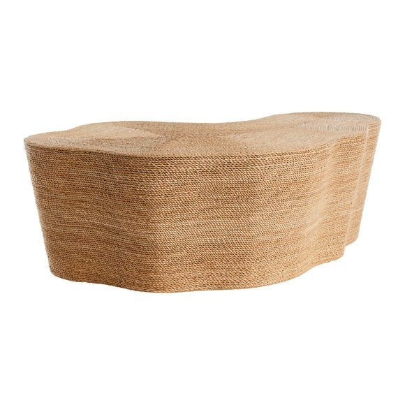 Low-profile natural abaca-woven coffee table with a sculptural kidney-shaped top and continuous wrapped rope texture in warm natural beige.