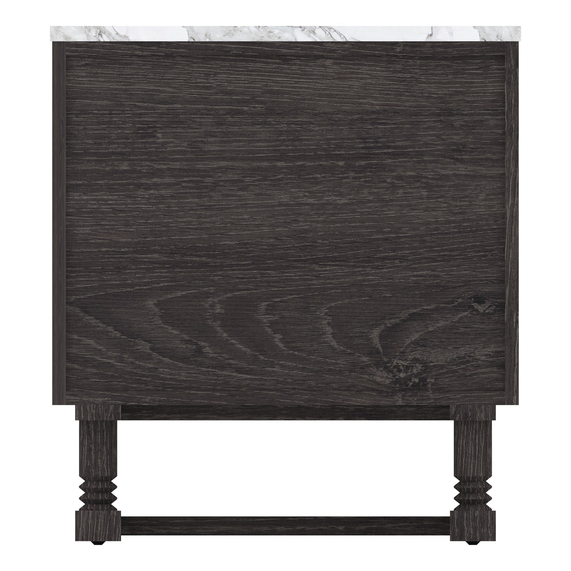 Front-facing black wooden nightstand with visible dark wood grain, white marble top with gray veining, turned legs and a stretcher base in a contemporary glam style.