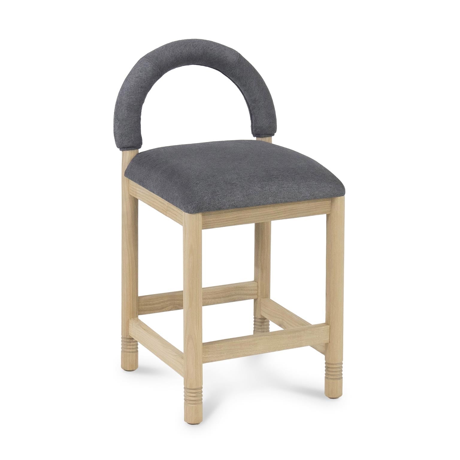 Natural oak-framed counter stool with a cushioned gray boucle seat and rounded upholstered low back, square legs joined by stretcher rails and subtle turned-ring details at the feet.