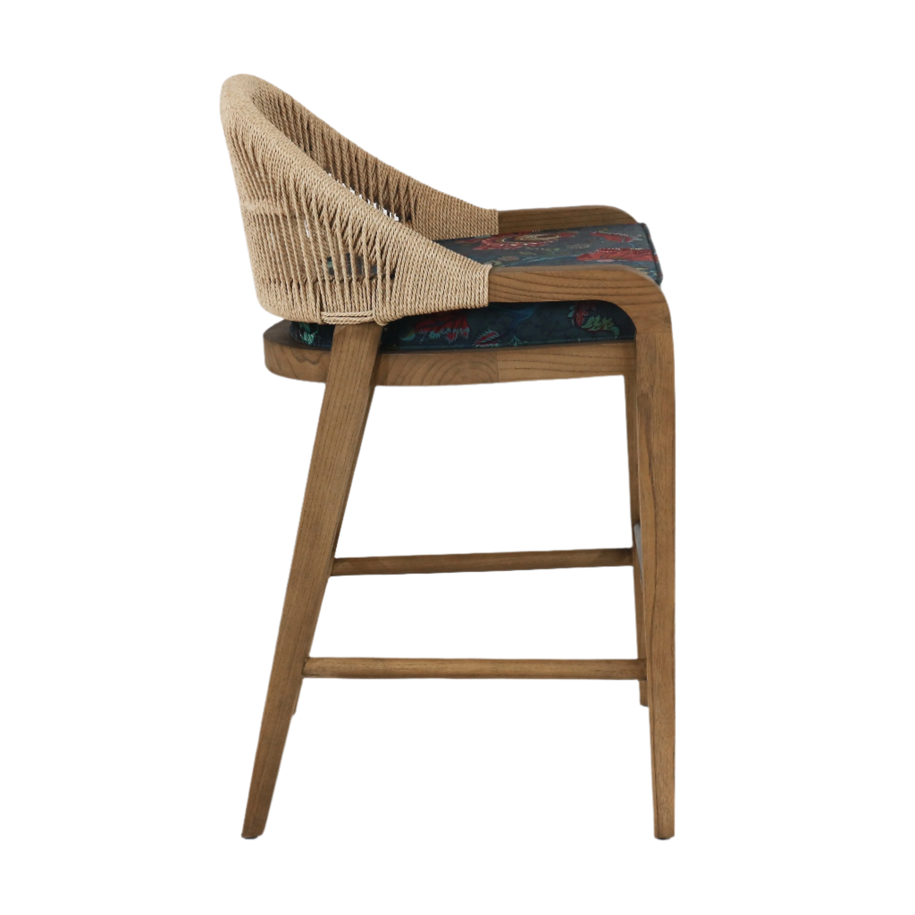Custom Fara Teak Rope-Backed & Upholstered FA04 Bar Stool