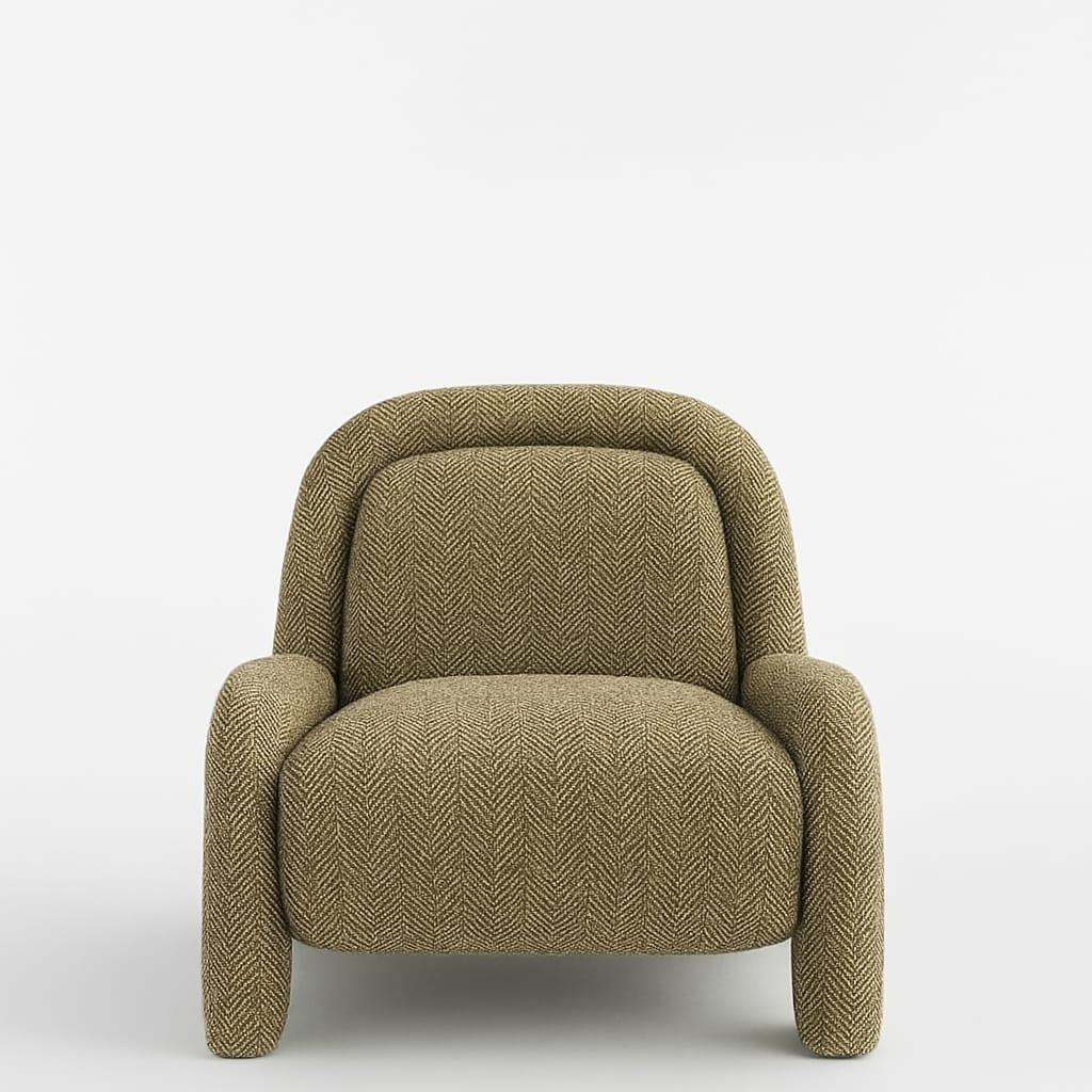 Front view of a modern olive-green accent chair upholstered in chevron-pattern wool, with a curved full back, rounded arms and short padded legs.