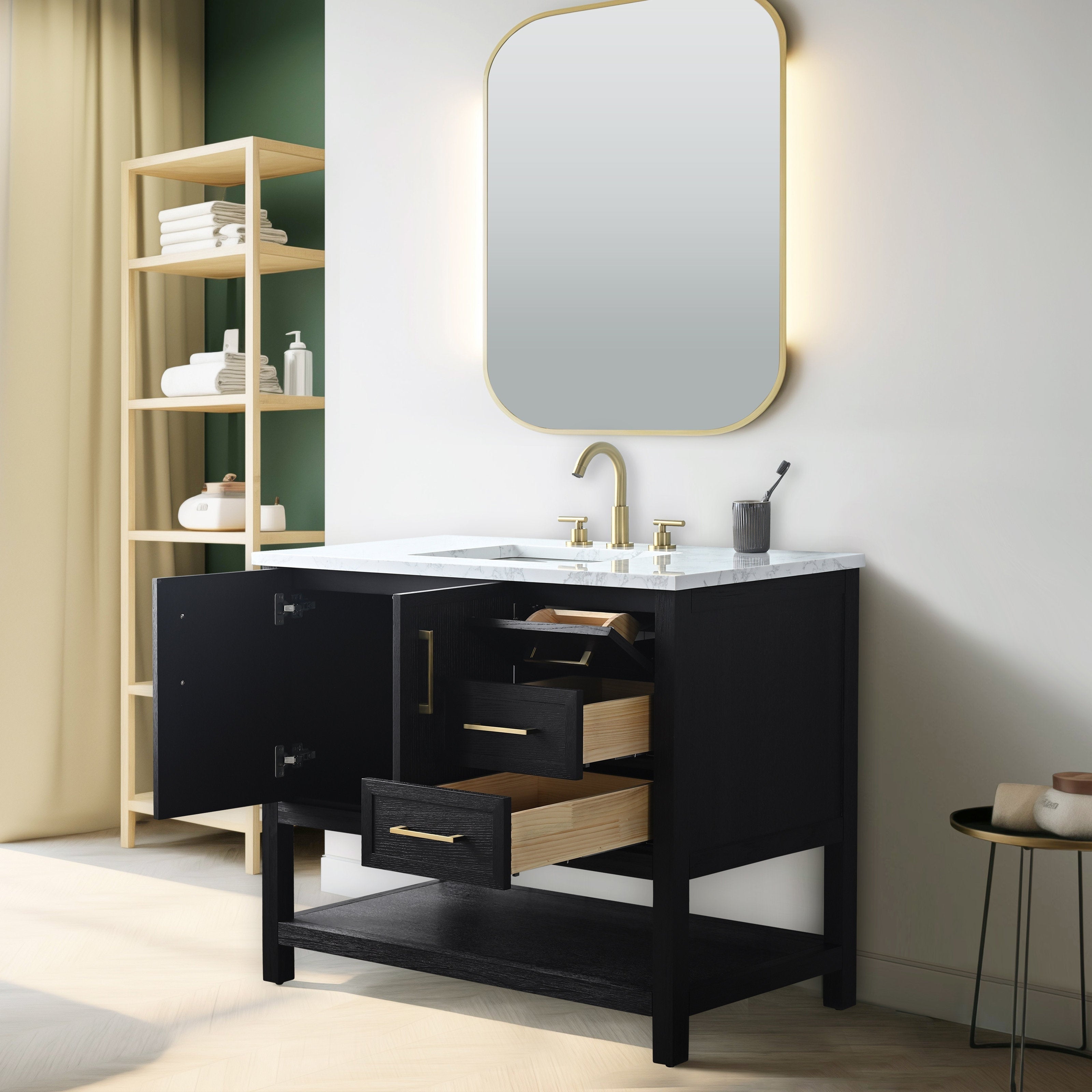 42-inch black solid wood single-sink bathroom vanity with white stone marble top, brass faucet and hardware, two open drawers showing natural wood interiors, open cabinet door and gold-framed mirror above