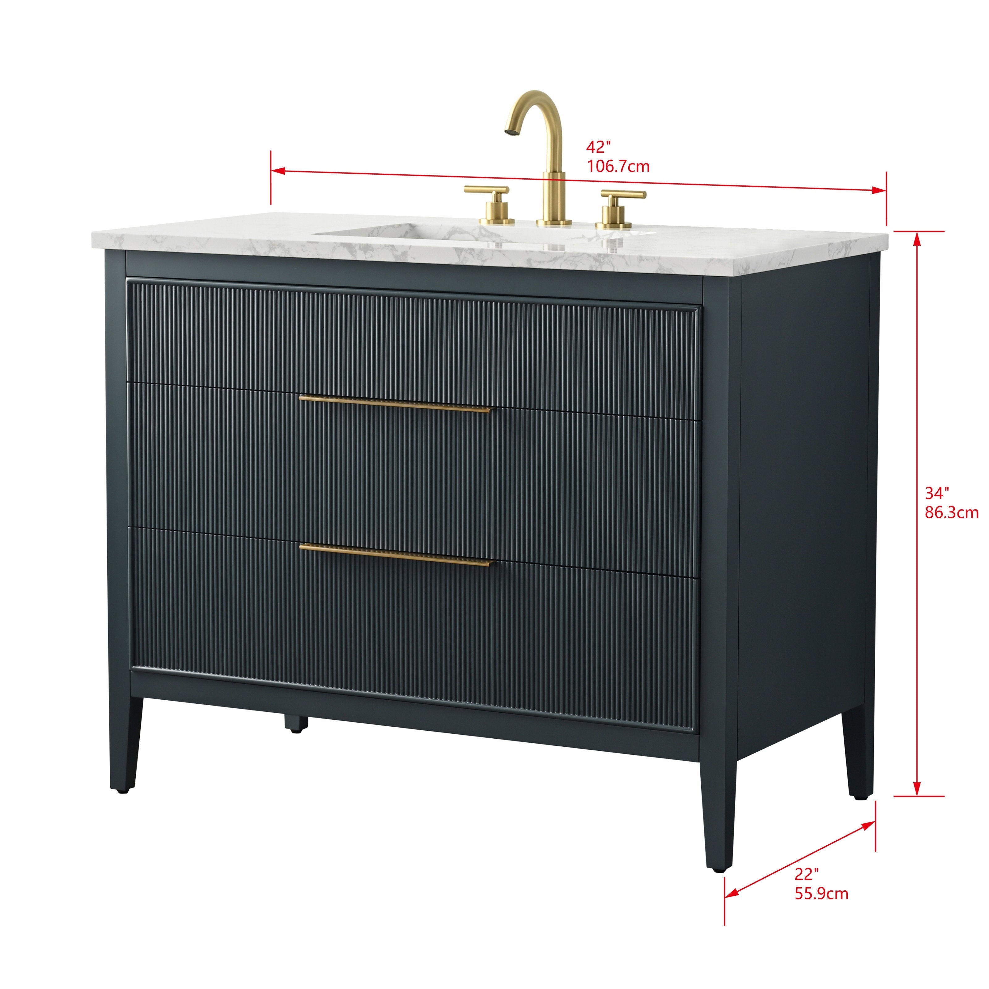 Modern 42-inch freestanding single-sink bathroom vanity in stone-colored solid wood with vertical ribbed drawer fronts, marble-look stone top with undermount ceramic sink, and brushed gold faucet and bar handles.