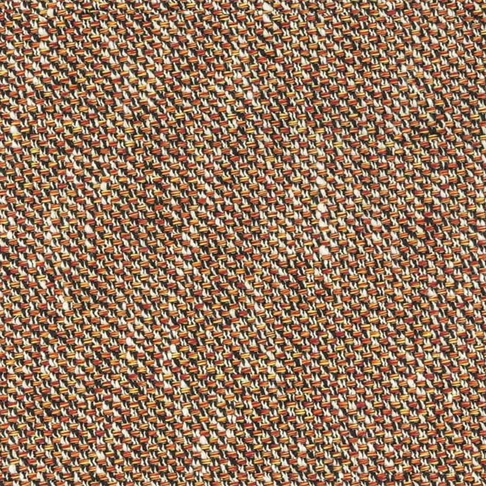 Close-up of beige multicolored woven upholstery fabric with tight basketweave texture showing beige, rust, mustard and white threads; 25% cotton, 75% polyester, designed for sofa upholstery.