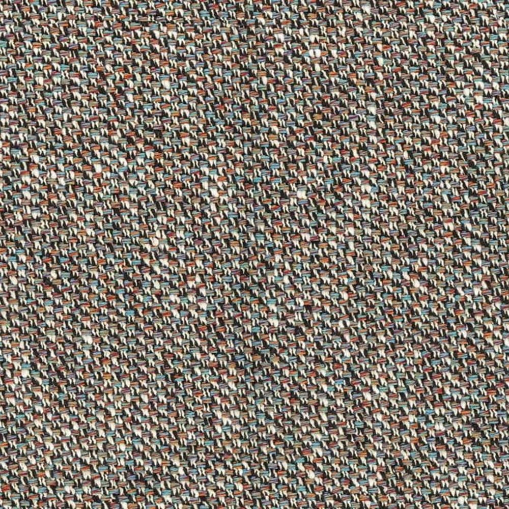 Close-up of beige multicolored woven upholstery fabric (25% cotton, 75% polyester) showing a tight textured weave with blue, rust and cream yarns, suitable for indoor sofa upholstery.