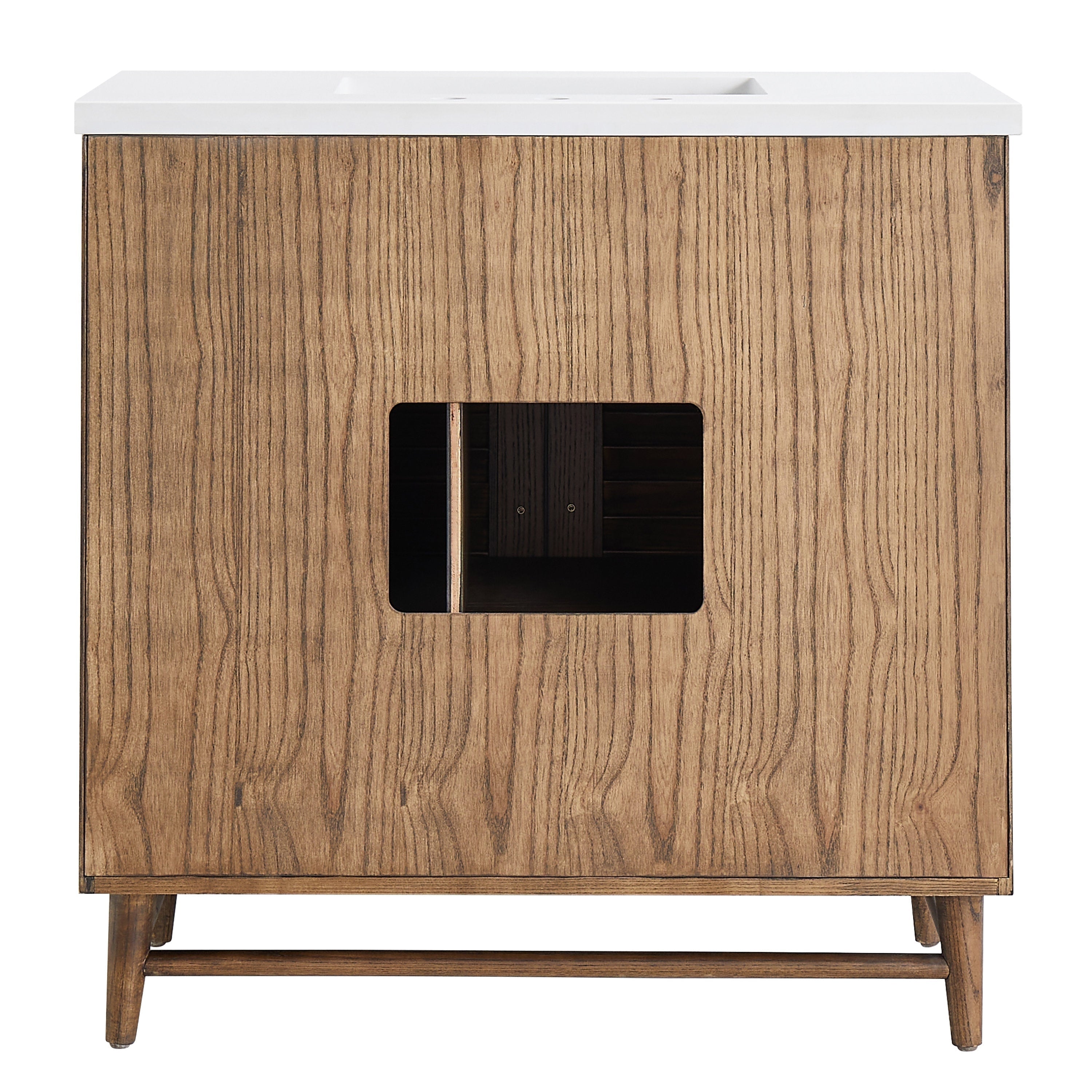 36-inch walnut bathroom vanity with natural wood grain, tapered legs and stretcher, pure white quartz top with rectangular undermount sink and 8-inch widespread faucet holes, and centered rectangular cutout for plumbing access.