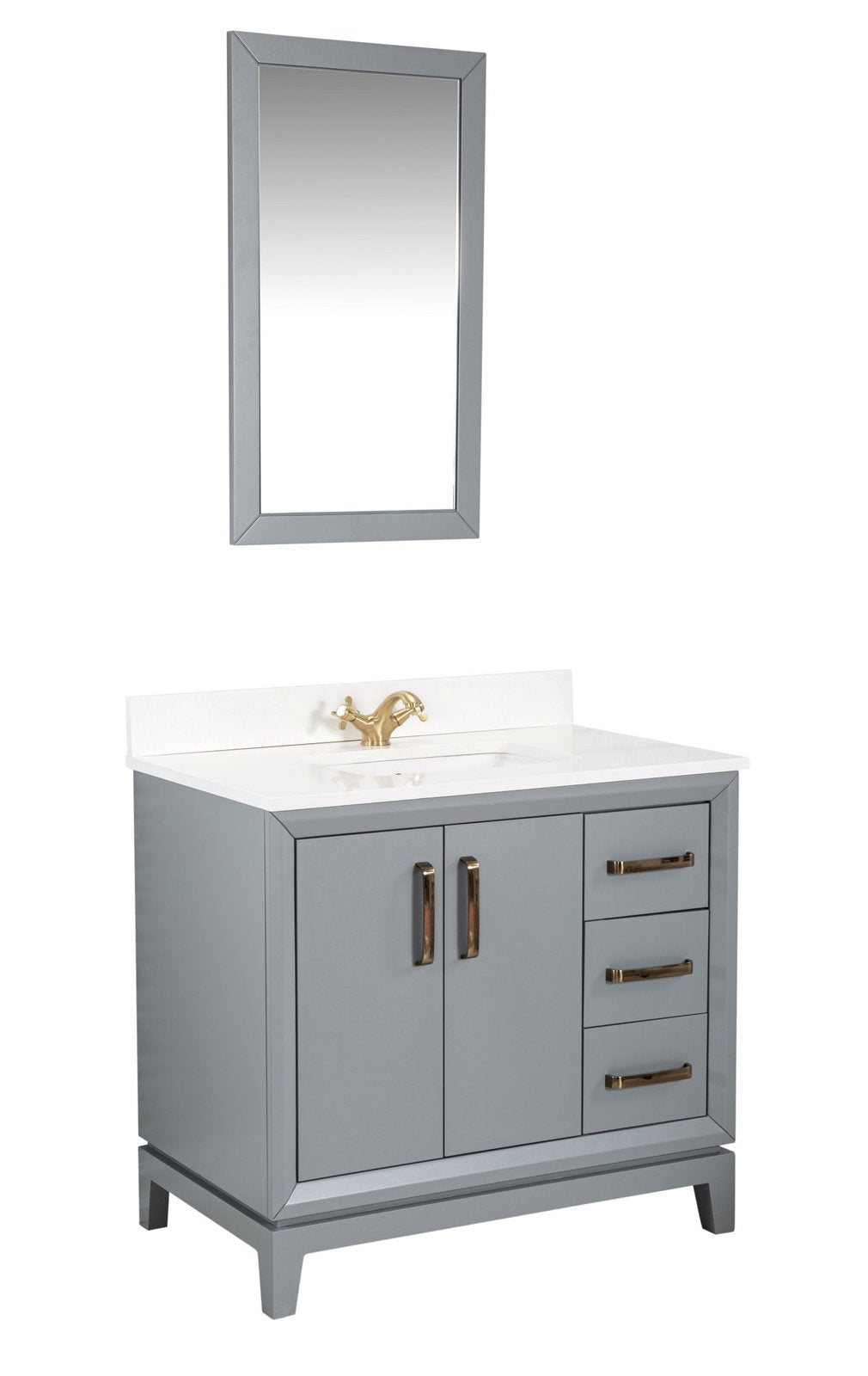 Freestanding modern gray solid-wood vanity with a white stone countertop and integrated ceramic single sink, brass-gold faucet and matching gold pulls, two center doors and three right drawers, shown with a matching rectangular mirror above.