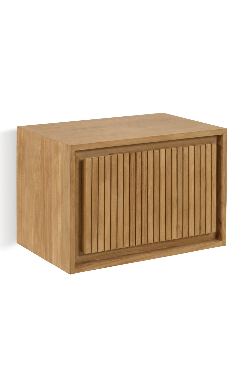24-inch solid wood bathroom vanity in a natural stone-toned finish with a recessed frame and vertical slatted front door, modern minimalist design suitable for small bathrooms.