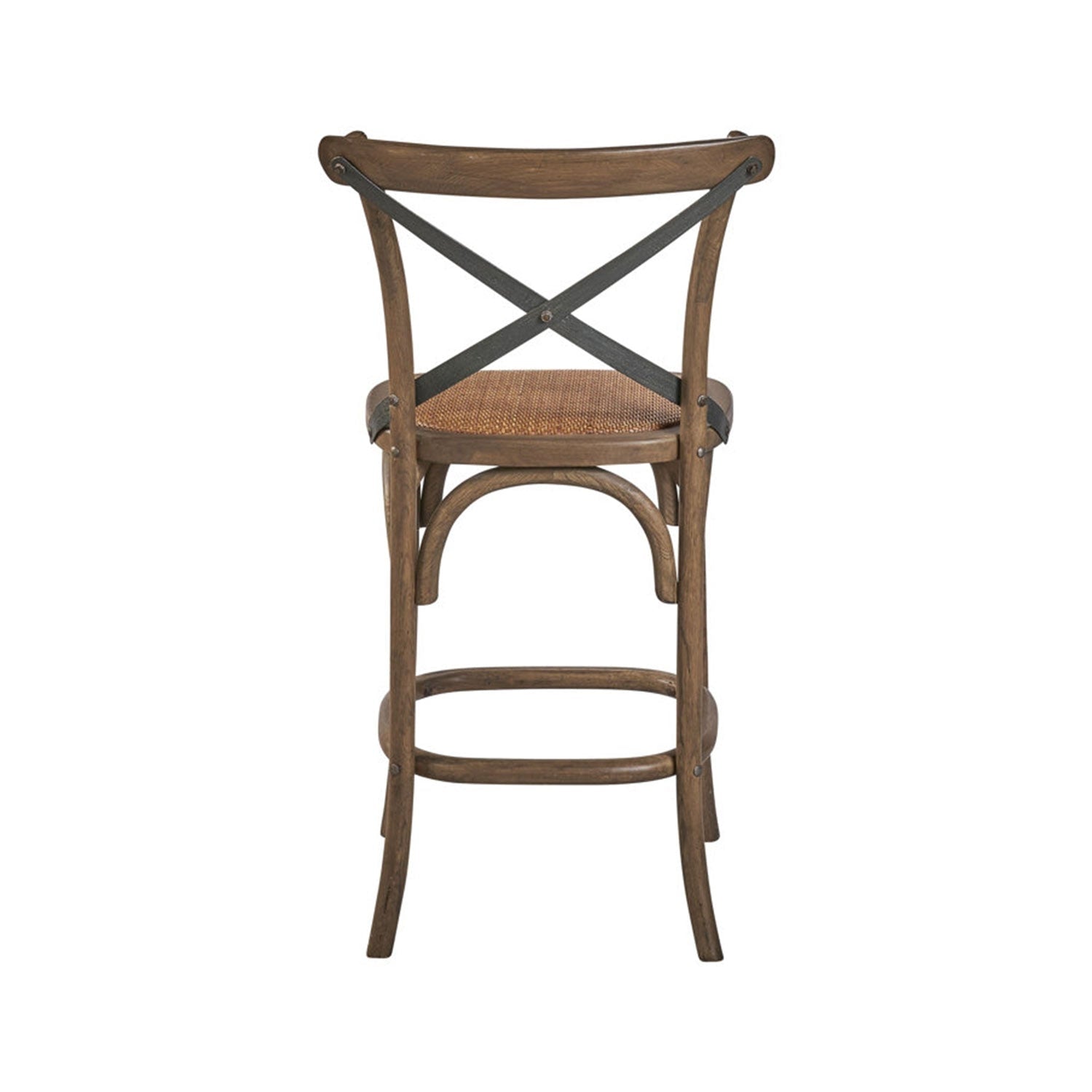 Rear view of a coastal teak outdoor bar stool with a natural woven seat, curved teak frame, dark metal X-shaped back braces and a rounded footrest.