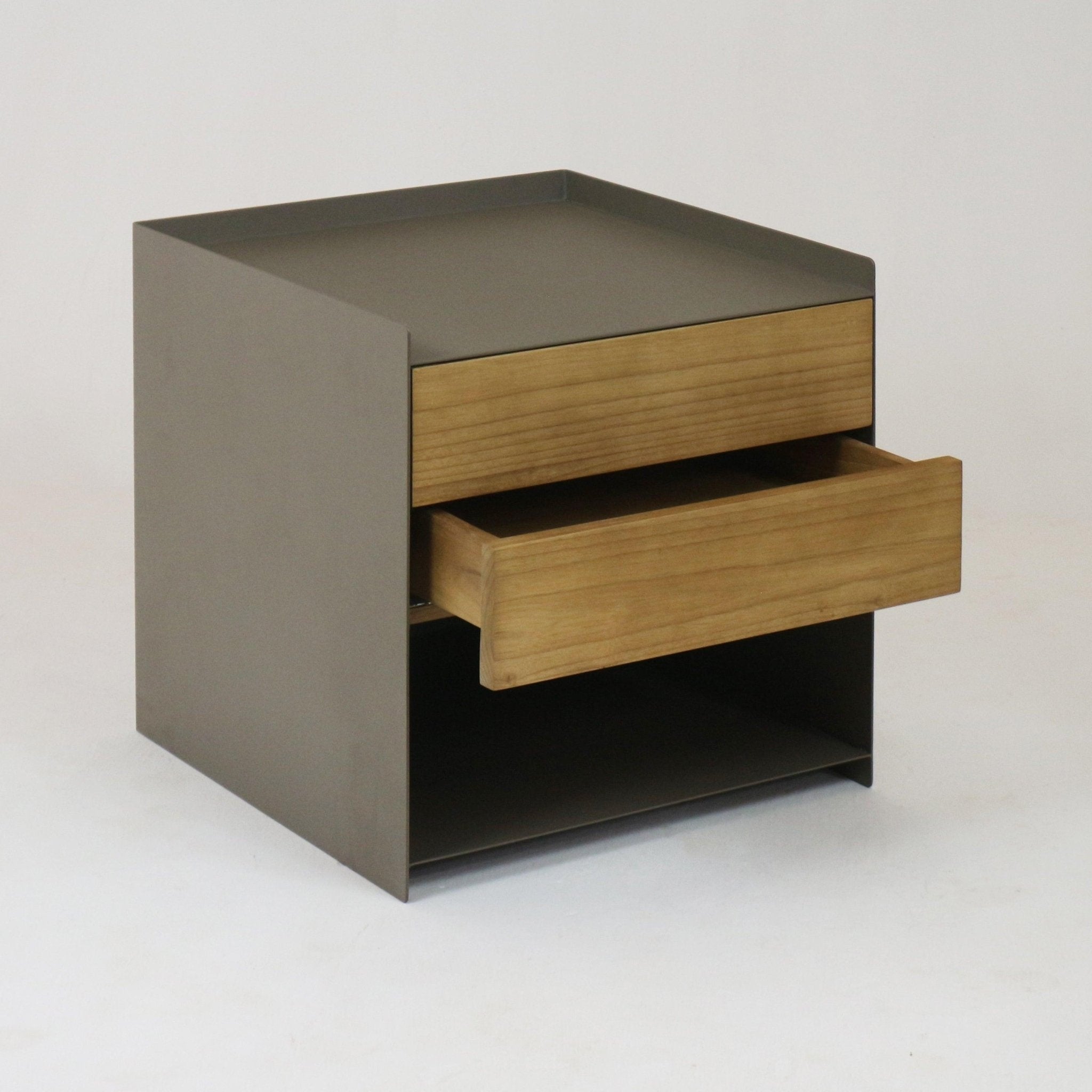 Modern bedside nightstand with a matte gray metal frame and two natural solid-wood drawer fronts (one partially open), plus an open lower shelf and minimalist contemporary lines.