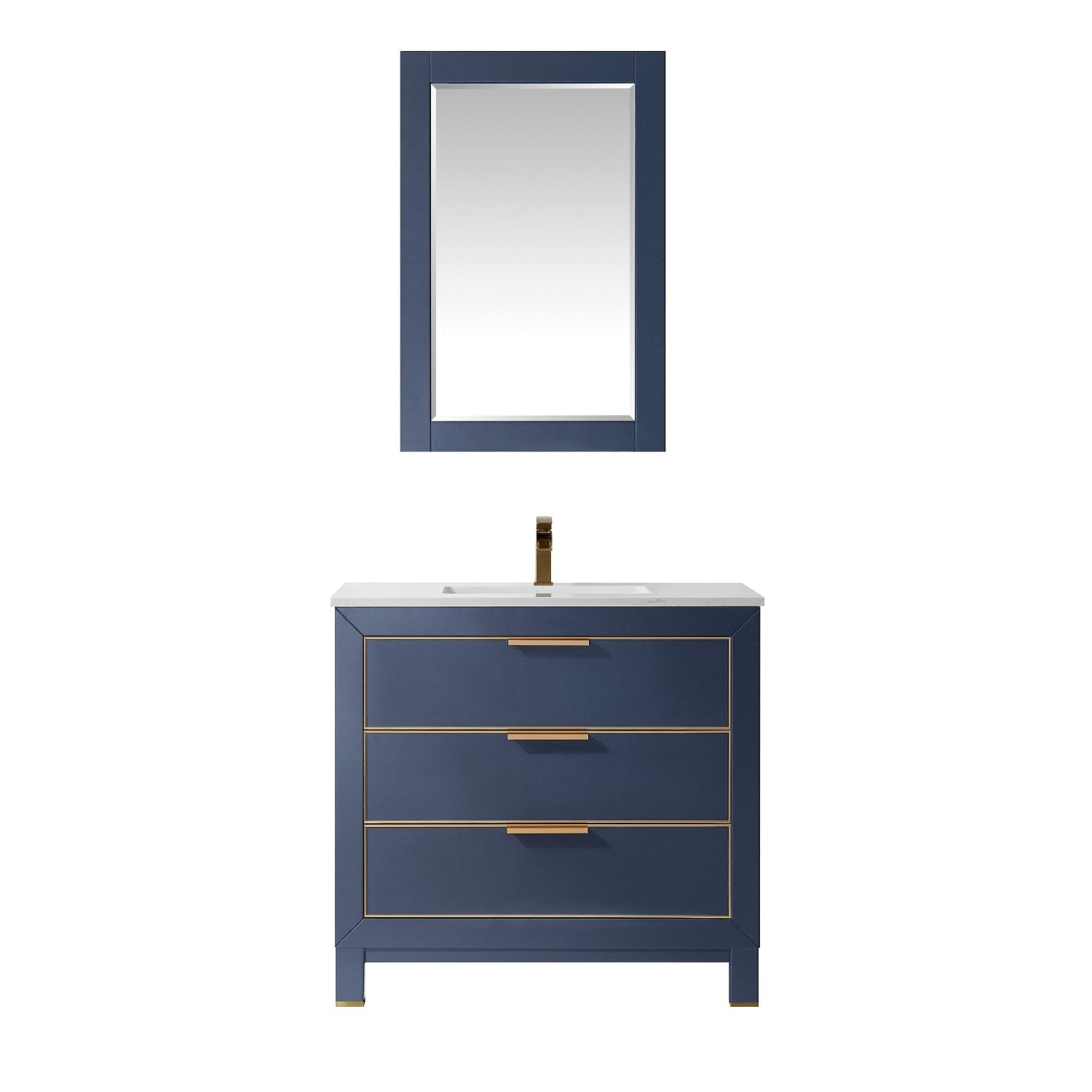 36-inch modern solid wood vanity with white stone top and integrated ceramic sink, navy-blue three-drawer cabinet with gold/brass handles and matching rectangular mirror.