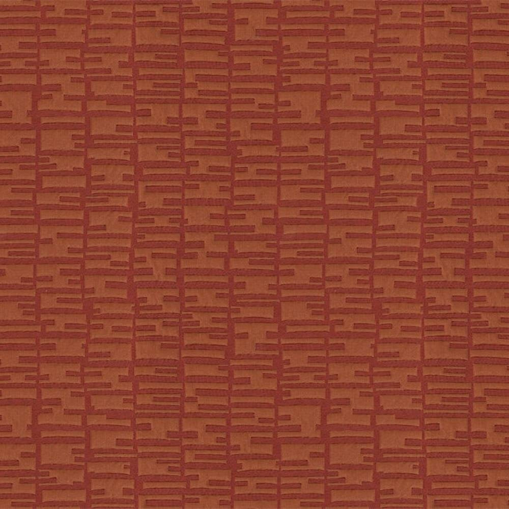 Close-up of contemporary 100% polyester upholstery fabric in a rust terracotta color, showing a textured geometric grid of uneven horizontal strokes ideal for sofas and curtains.