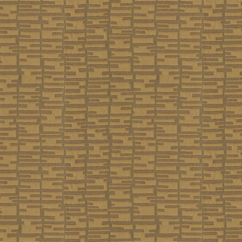 Close-up of 100% polyester upholstery fabric in warm golden-brown and taupe showing a contemporary raised rectangular grid pattern and textured weave, suitable for sofas or curtains.