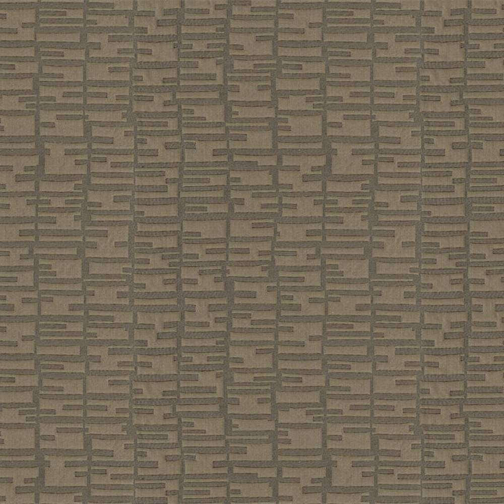 Taupe-gray 100% polyester upholstery fabric with a contemporary raised rectangular grid pattern and subtle texture, shown as a flat swatch suitable for sofas or curtains.