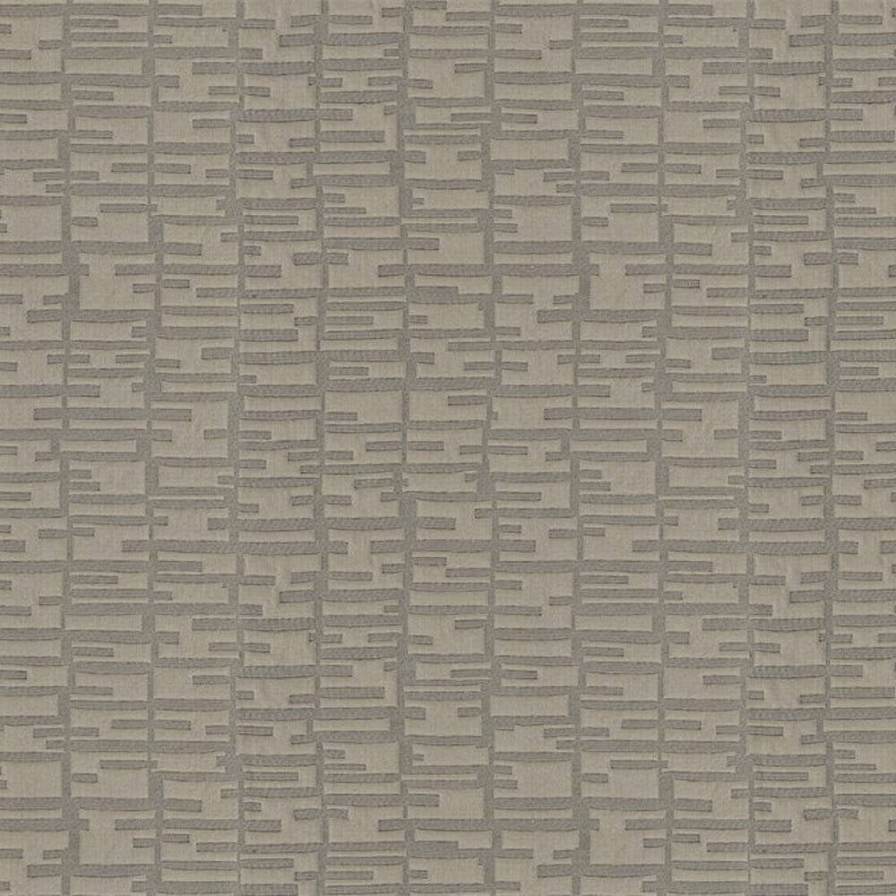 Close-up of a neutral gray contemporary upholstery fabric in 100% polyester, showing a subtle raised grid pattern of short horizontal rectangular dashes on a matte background, ideal for sofas and curtains.