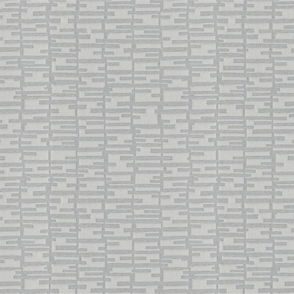 Close-up of contemporary 100% polyester light gray upholstery fabric showing an abstract geometric grid of narrow horizontal and vertical rectangular lines on a slightly lighter background, ideal for sofas and curtains.