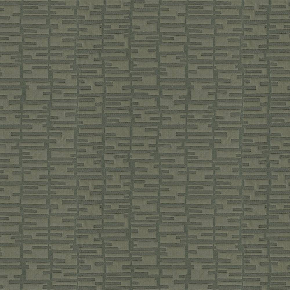 Close-up of 100% polyester olive-gray upholstery fabric with a contemporary raised linear grid pattern of short horizontal and vertical bars on a textured background, ideal for sofas or curtains.