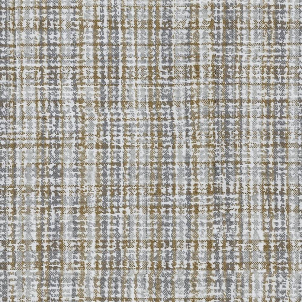Close-up of beige and gray woven upholstery fabric showing a textured, abstract plaid grid pattern on 100% polyester, designed for contemporary sofa and indoor upholstery use.