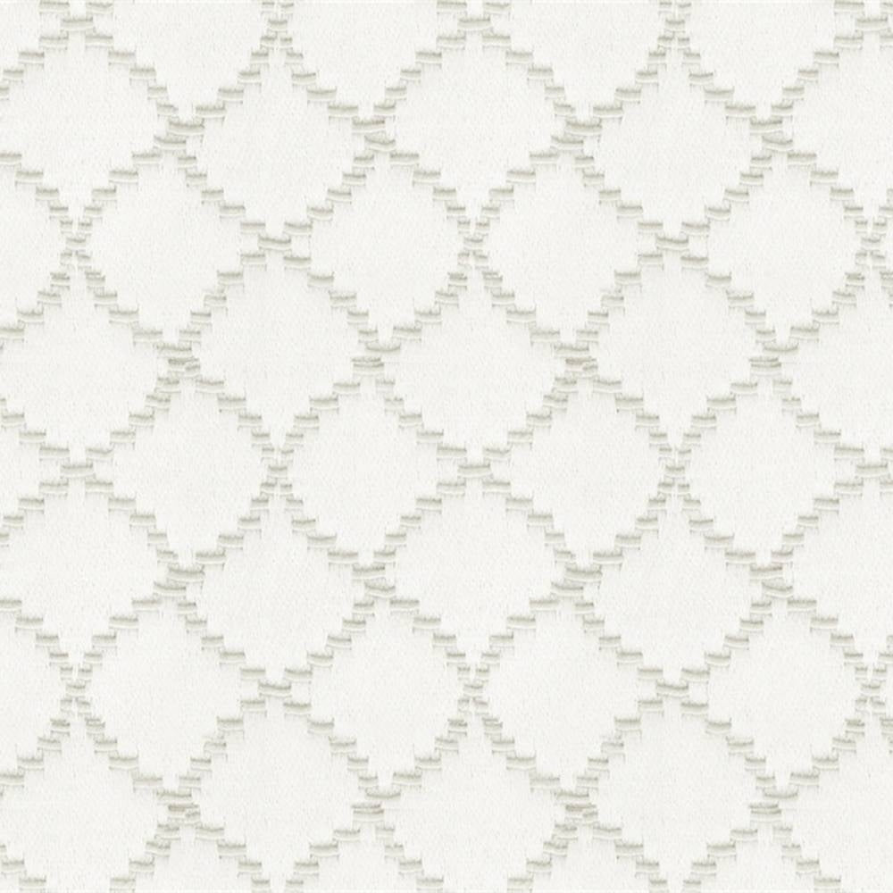 Close-up of natural off-white upholstery fabric showing a raised trellis diamond pattern and subtle woven texture; 55% cotton 45% polyester blend suited for contemporary sofas.