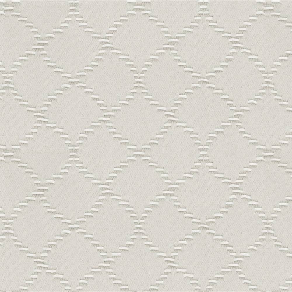 Close-up of natural neutral upholstery fabric (55% cotton, 45% polyester) showing a tonal trellis pattern with raised embroidered stitch texture and a 1.75 by 2 inch pattern repeat.